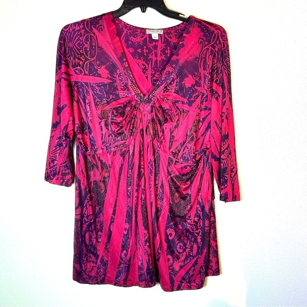 Energie One World Wear Size 2X Babydoll Boho 90's Y2K Beaded V-Neck Flowy Top